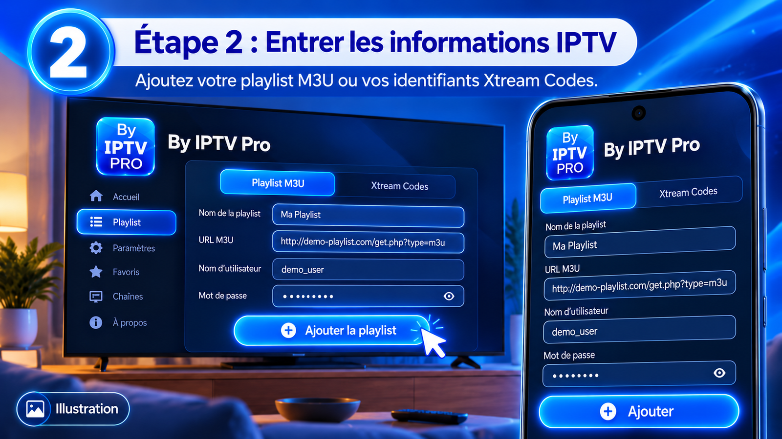 BY IPTV Pro player için temsili playlist ve erişim ayarı ekranı